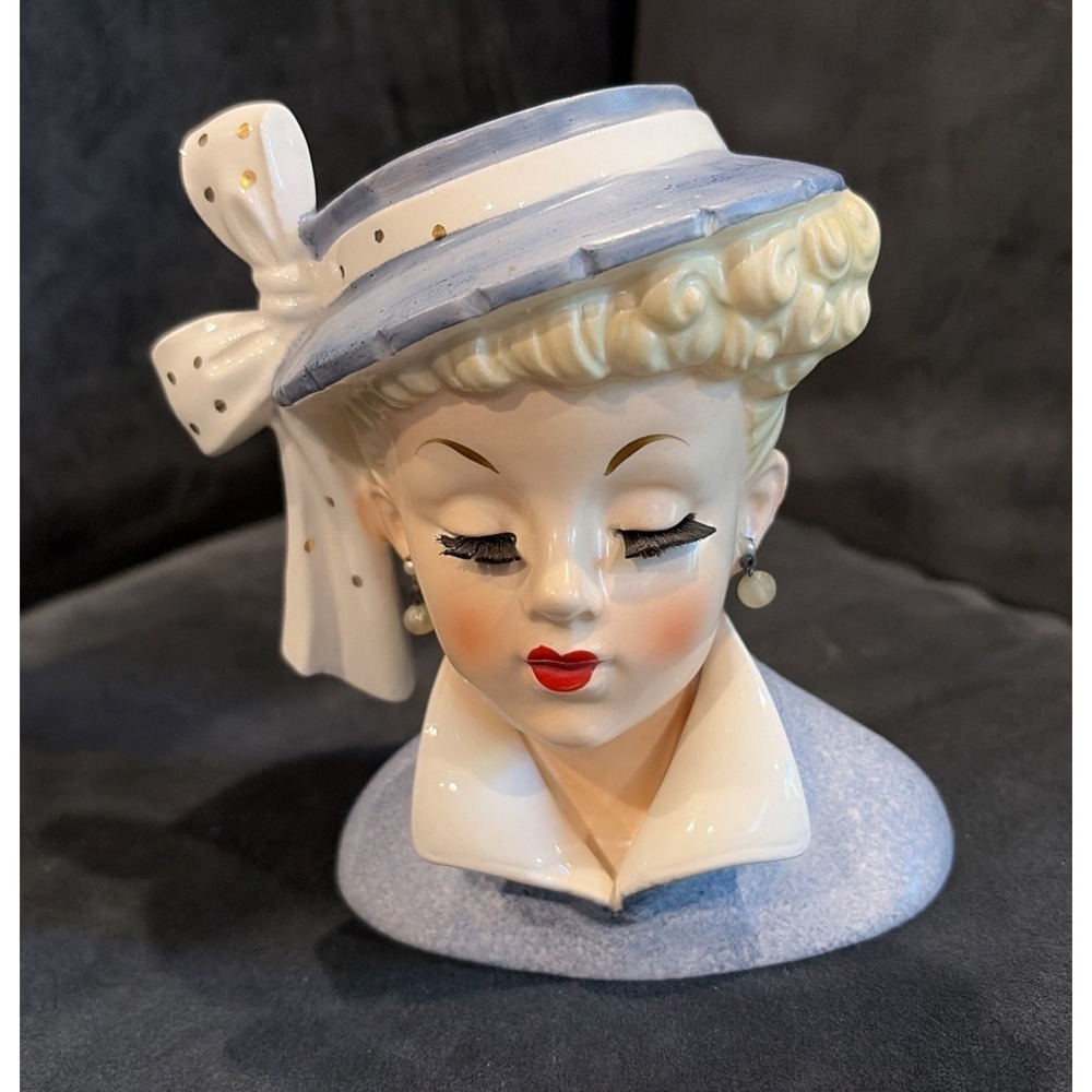 1959 Napco Japan Head Vase Gene C3959A Bristle Lashes Pearl Earrings Brown Bow